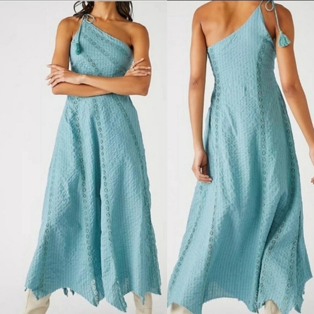 Free People One-Shoulder Sea Glass Crochet Maxi Dress